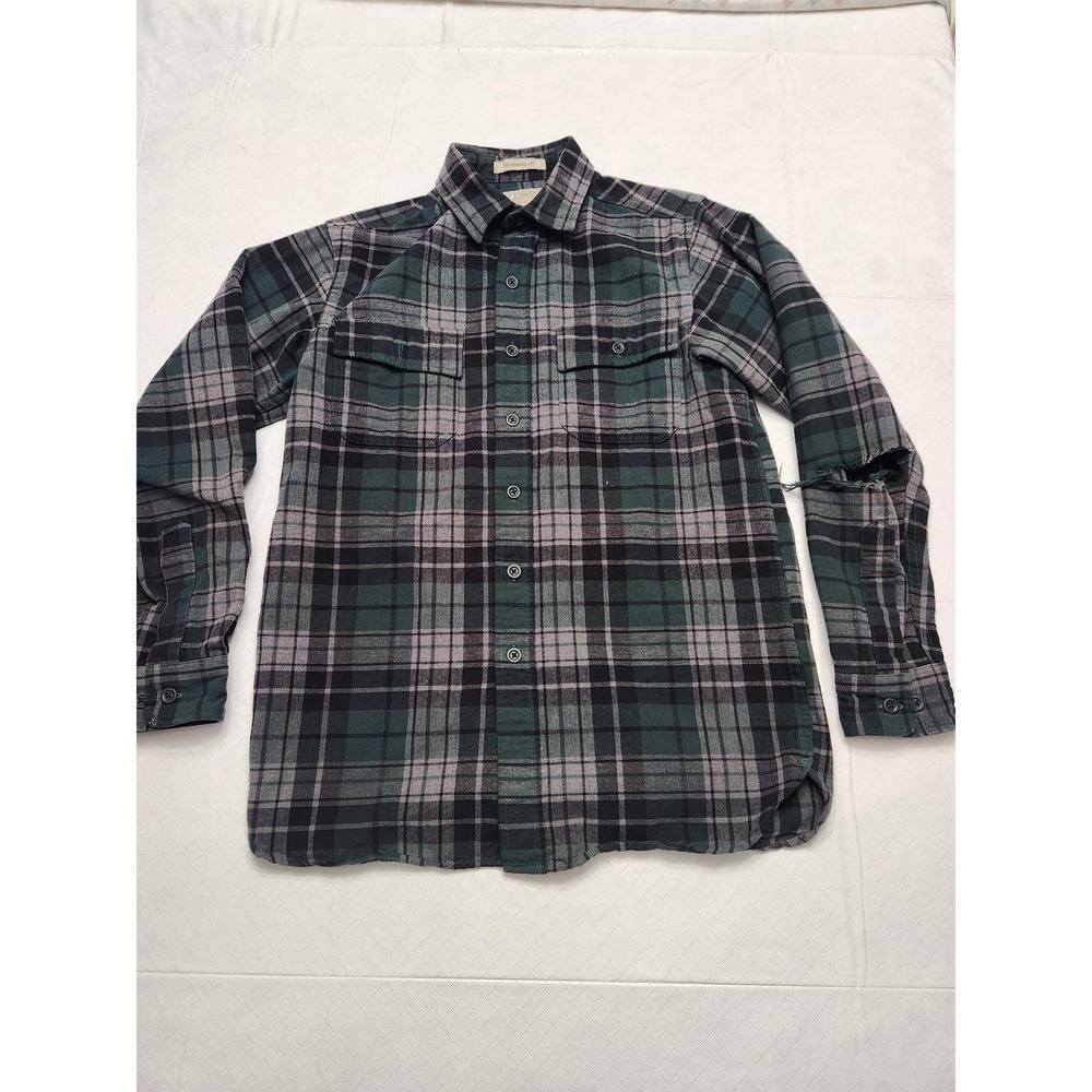 LL Bean Chamois Shirt Mens Small Green Plaid Flannel Long Sleeve Button